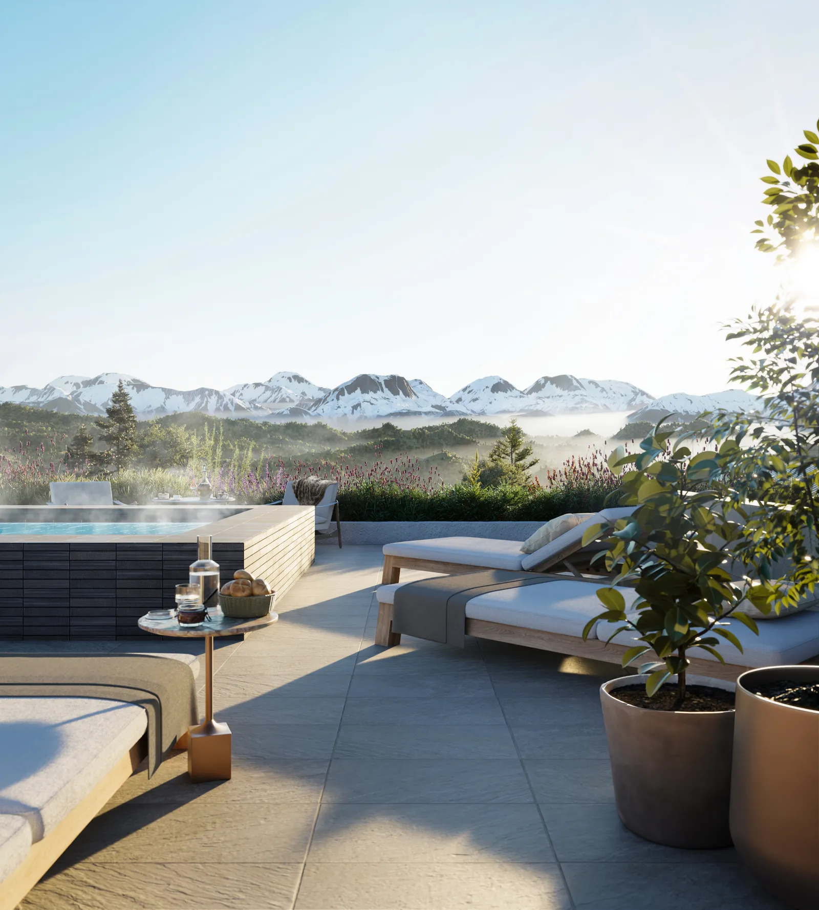 Piscina con vista e terrazza del tetto